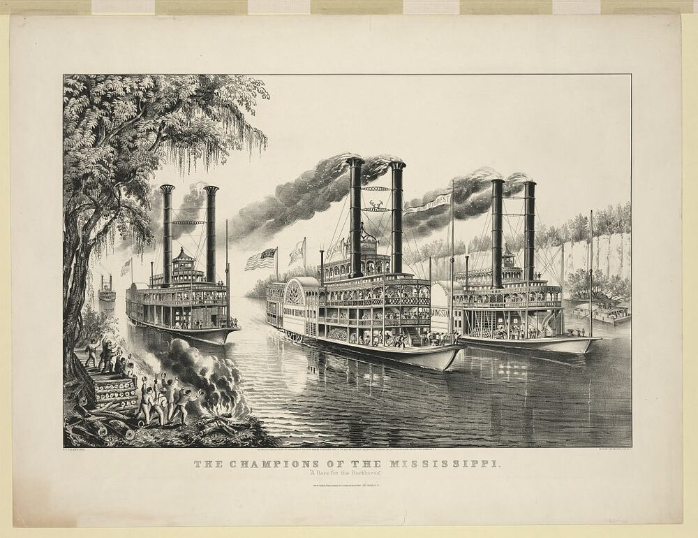 Litografía de dos vapores de ruedas compitiendo de noche por el Mississippi, con las calderas encendidas y pasajeros en cubierta